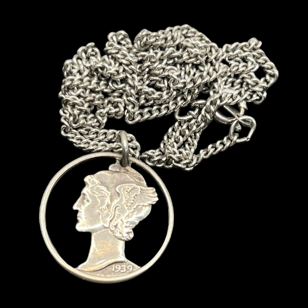1939 Winged Liberty cut coin pendant USA Dime on sterling silver chain necklace